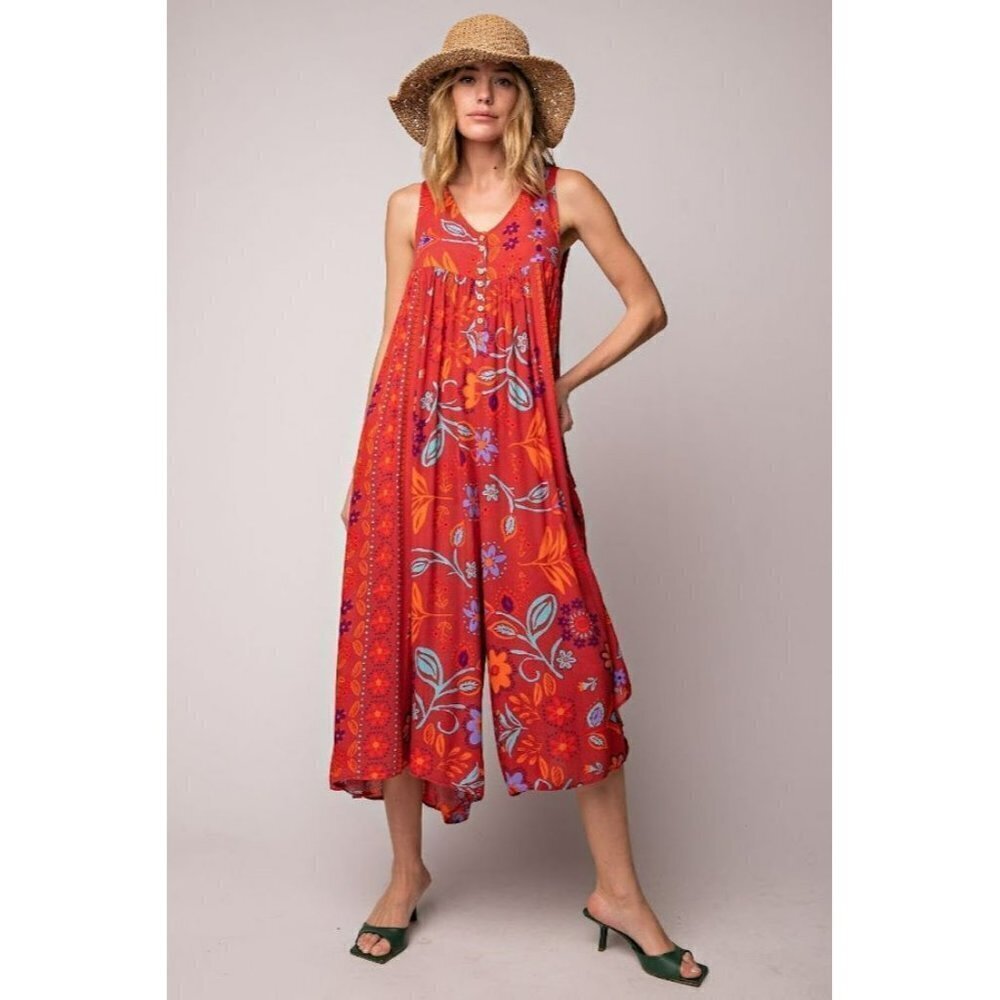 Florally Yours Floral Print Sleeveless Wide Leg Jumpsuit in Scarlett - Picture 4 of 5